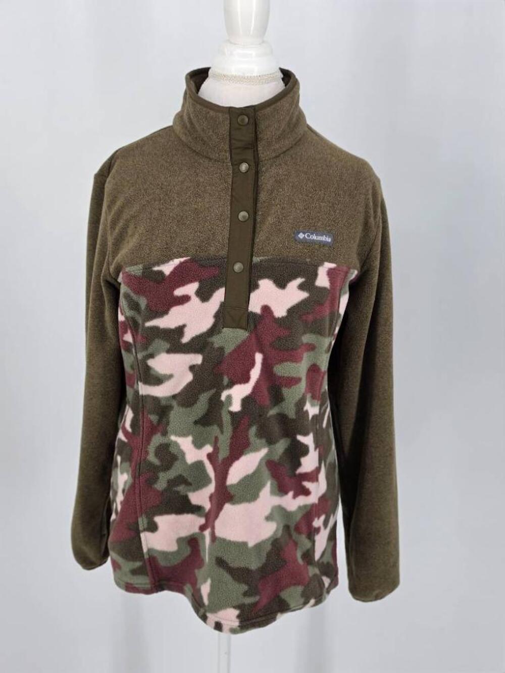 Columbia Women Benton Springs Fleece Pullover Camo Pink Olive Snap T Shirt Large